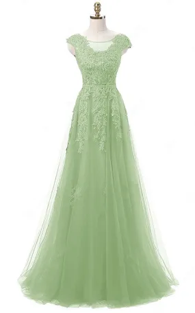 A Line Scoop Neck Tulle Floor Length Appliques Lace Light Green Long Prom Dress Y834