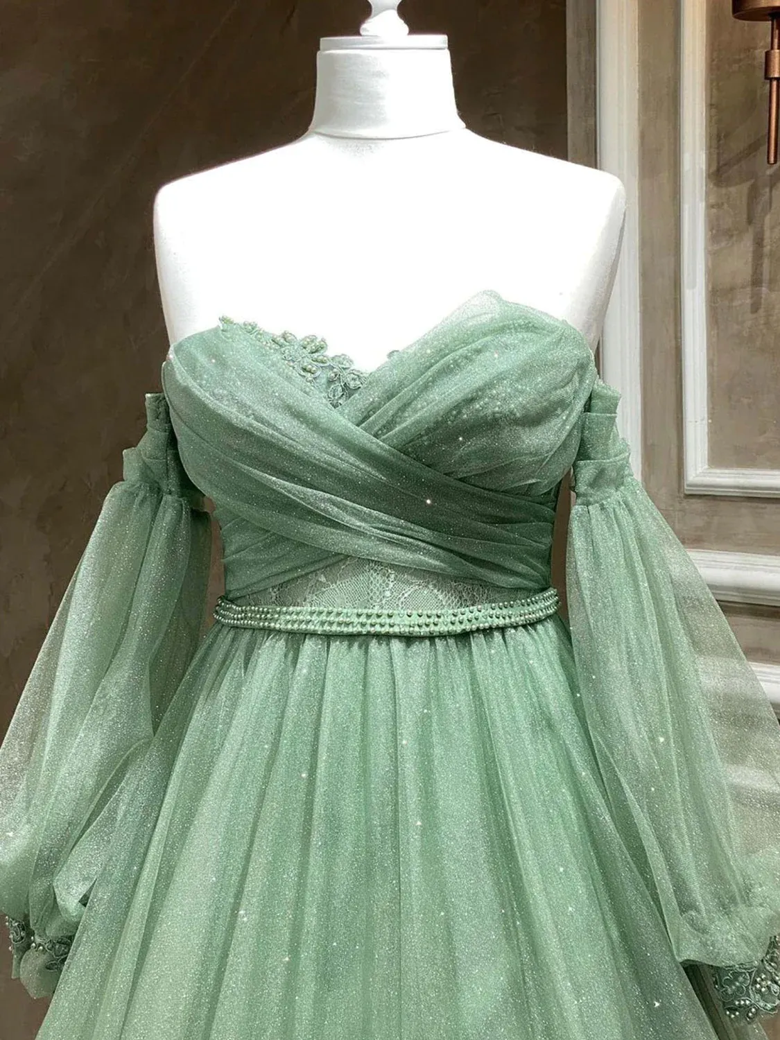 A-Line Sweetheart Neck Tulle Green Long Prom Dress, Green Formal Evening Dress Y3033