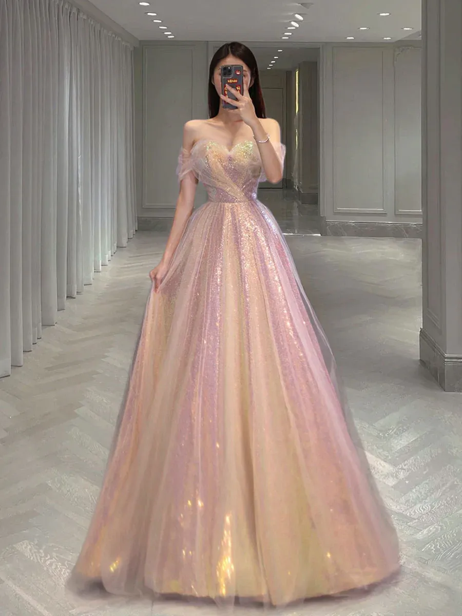 A Line Tulle Sequin Long Prom Dress, Off Shoulder Formal Graduation Dress Y1491