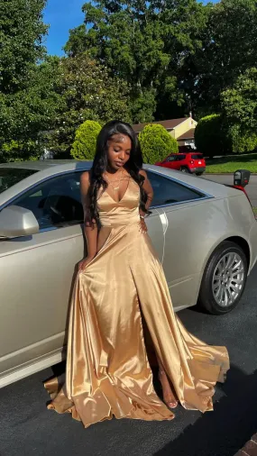 A Line V Neck Gold Sleeveless Satin Long Prom Dress,Formal Gown Y760