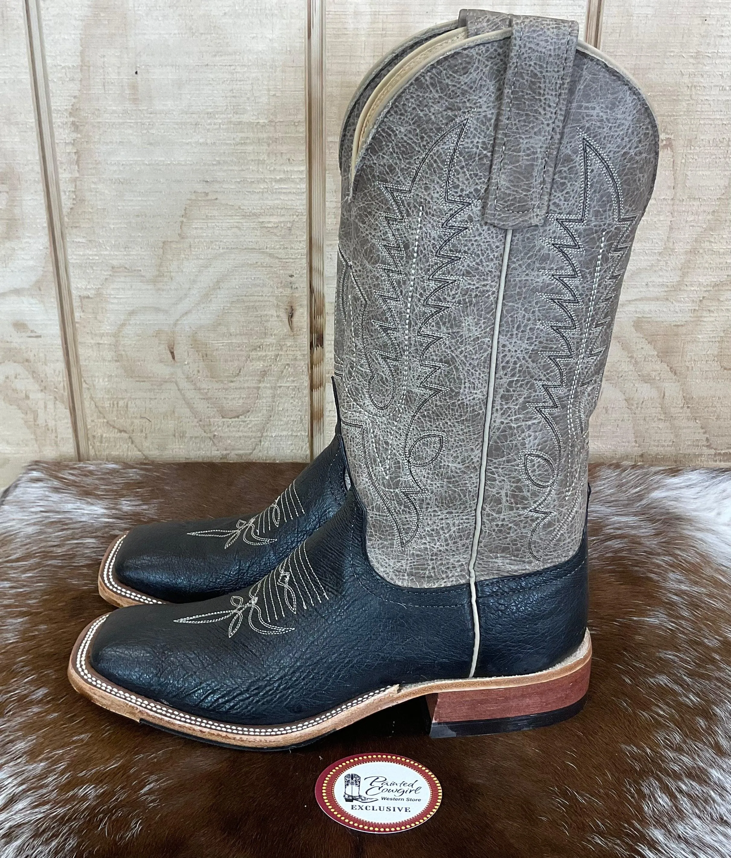 Anderson Bean Men's Black Smooth Ostrich & Outlaw Mushroom Square Toe Cowboy  Boots 333571