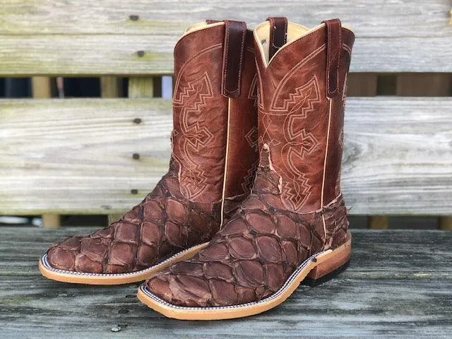 Anderson Bean Men's Brown Big Bass & Burnt Orange Explosion Square Toe Cowboy Boots 323443