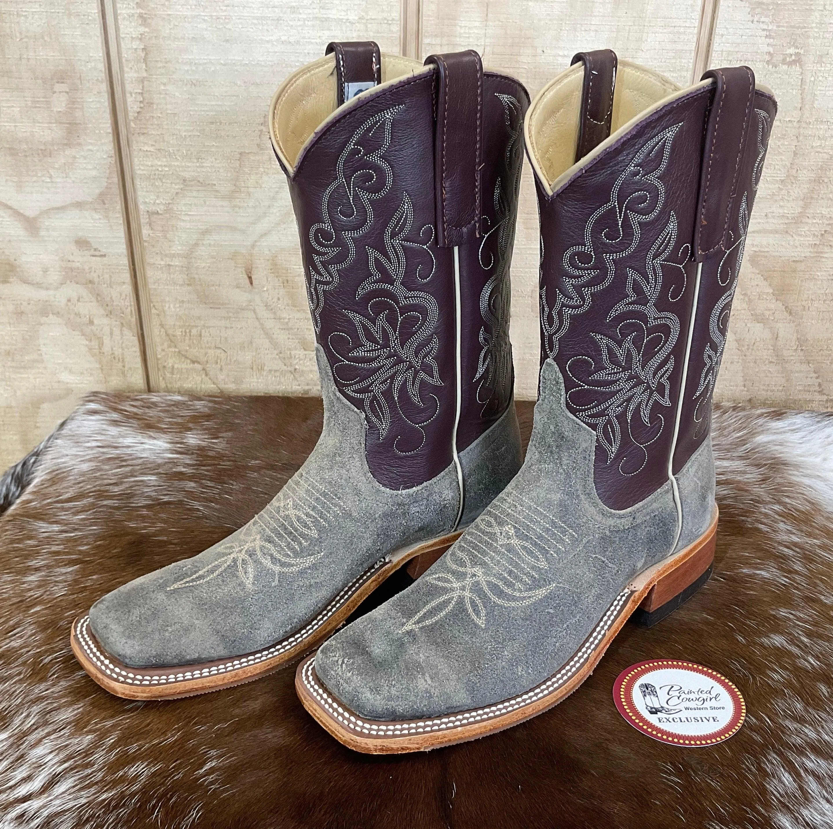 Anderson Bean Women’s Stone Waxy Kudu & Vienna Luscious Deerskin Square Toe Cowgirl Boots 333581