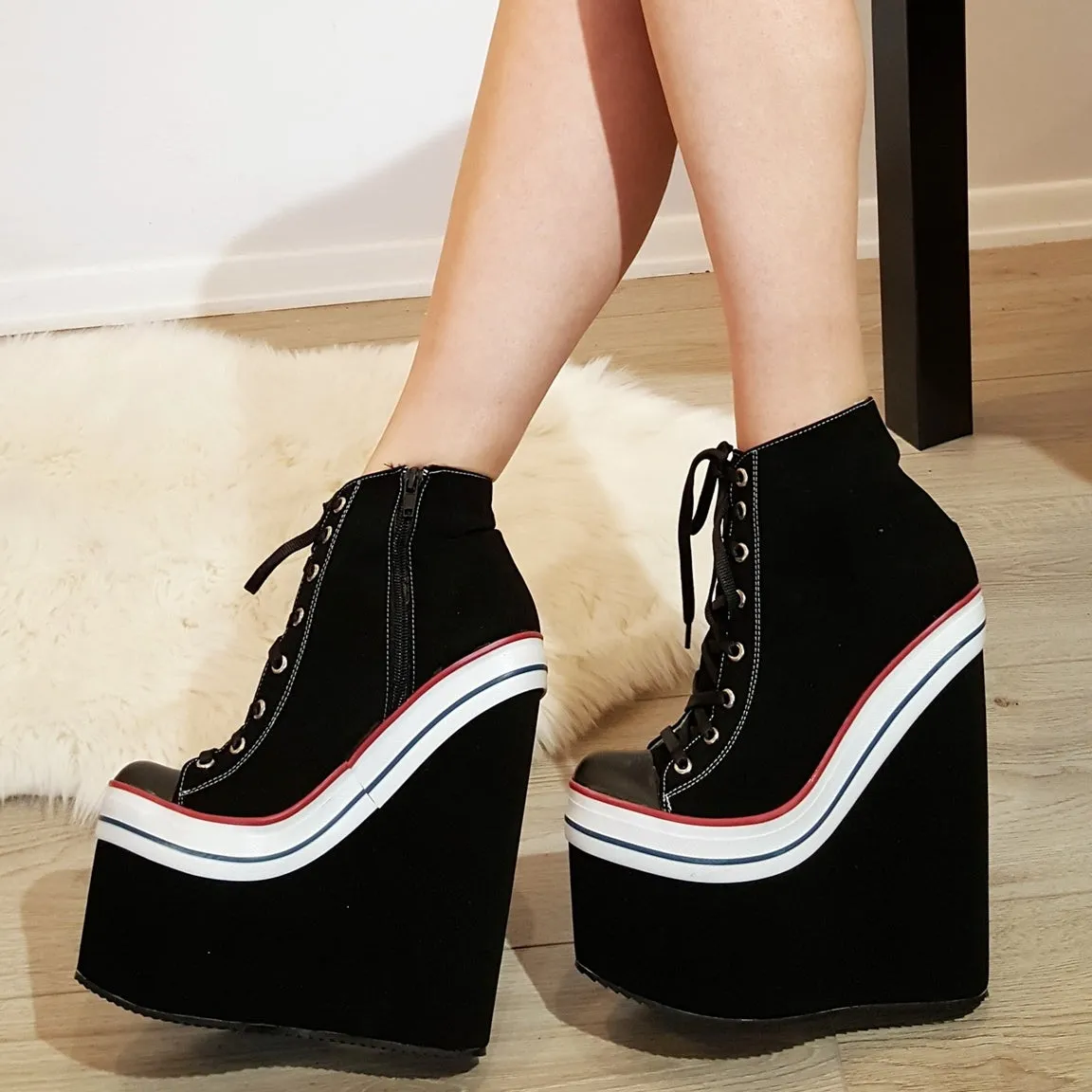 Black Lace Up Sport High Heel Wedge Platform Booties