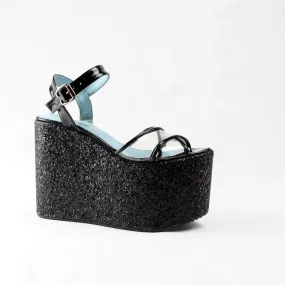 Black Shinny Wedge Platform Sandals