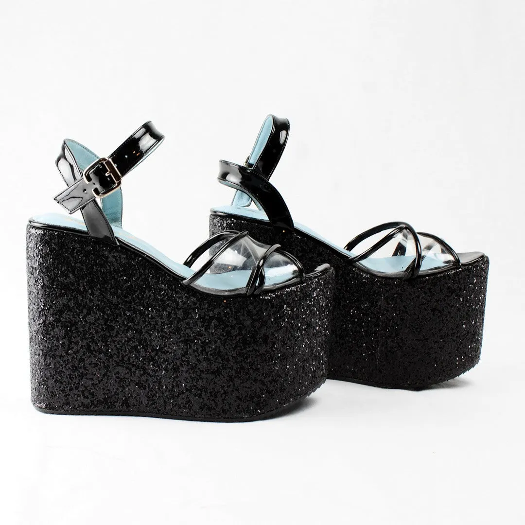 Black Shinny Wedge Platform Sandals