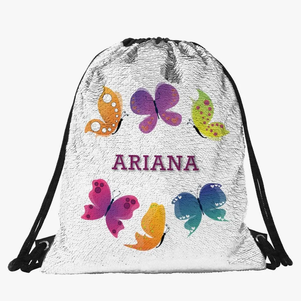 Butterflies Custom Kids Flip Sequin Drawstring Bag | Personalized Backpacks