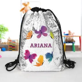 Butterflies Custom Kids Flip Sequin Drawstring Bag | Personalized Backpacks