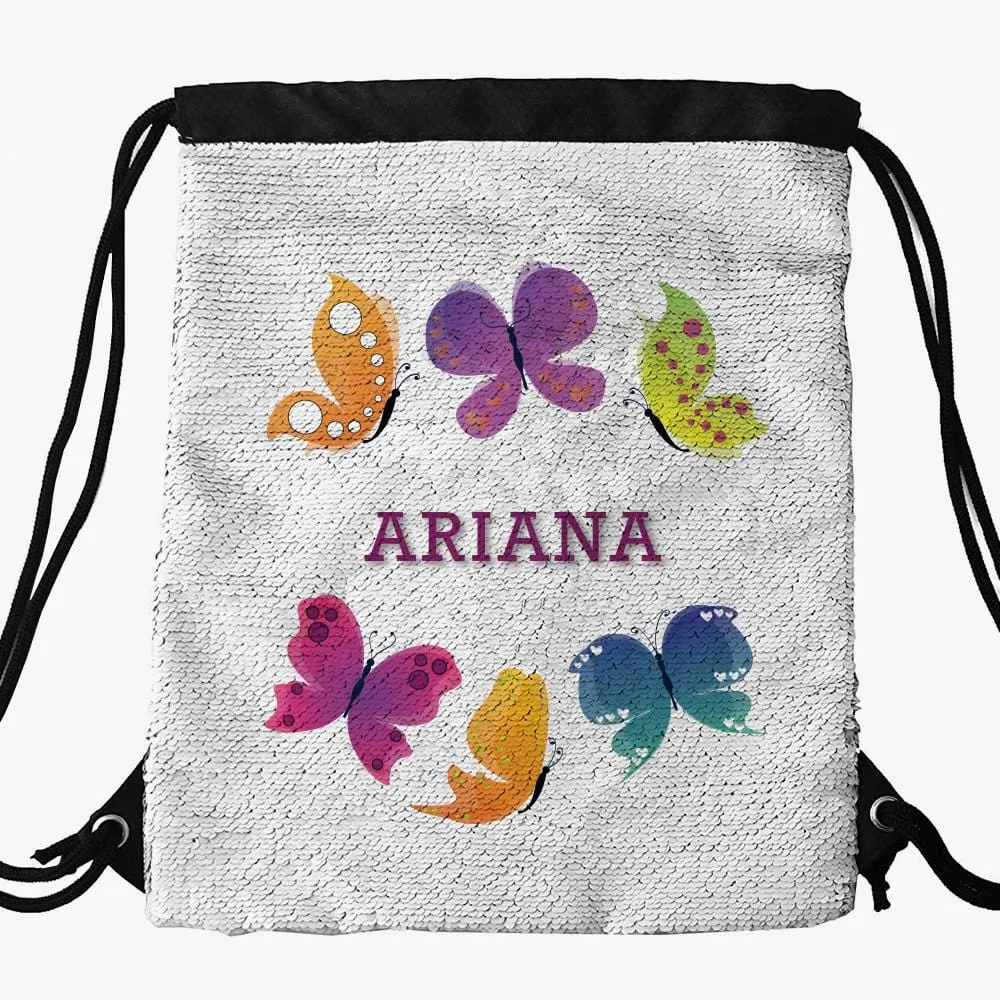 Butterflies Custom Kids Flip Sequin Drawstring Bag | Personalized Backpacks