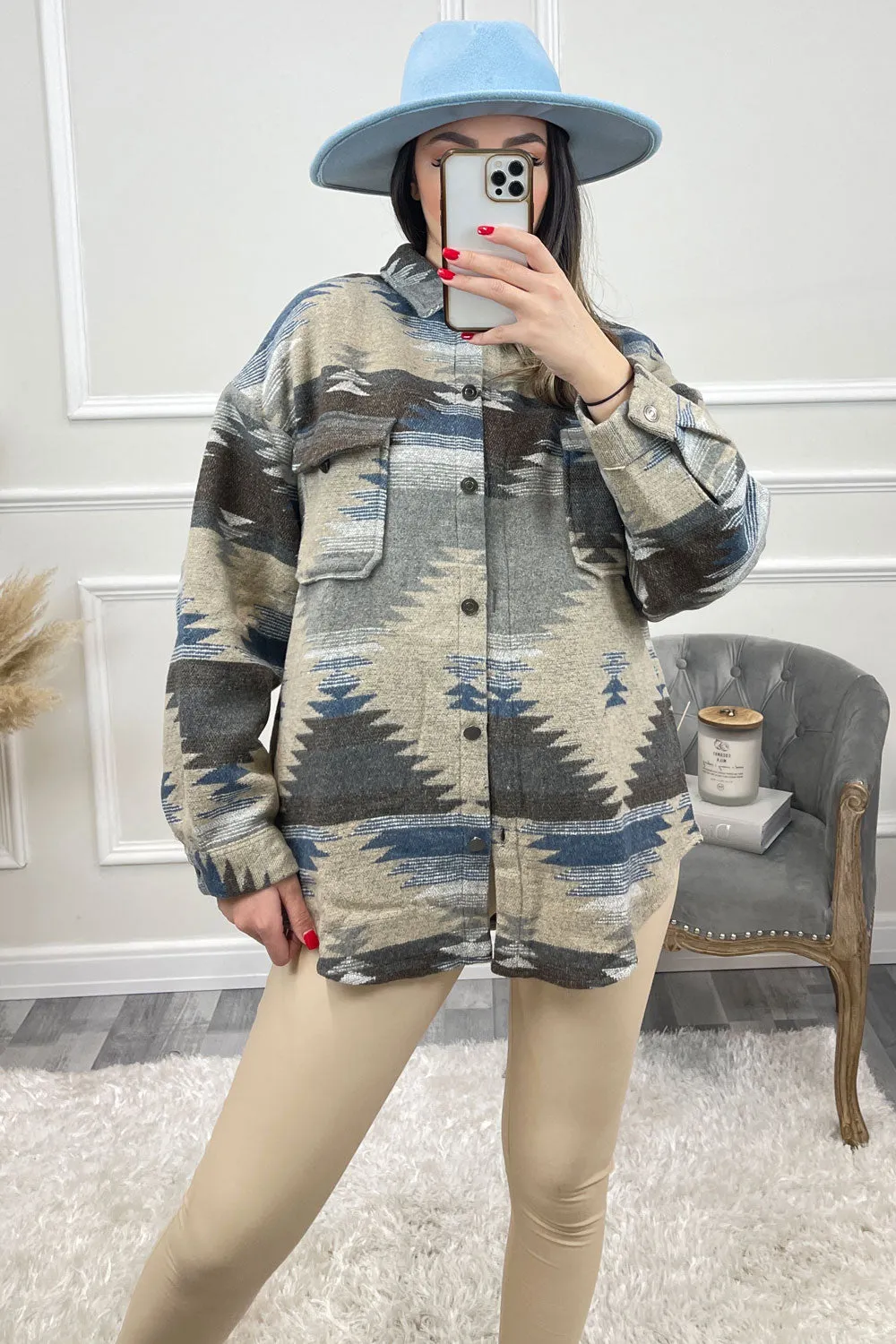 Cleo Beige and Blue Abstract Print Knitted Oversized Shacket