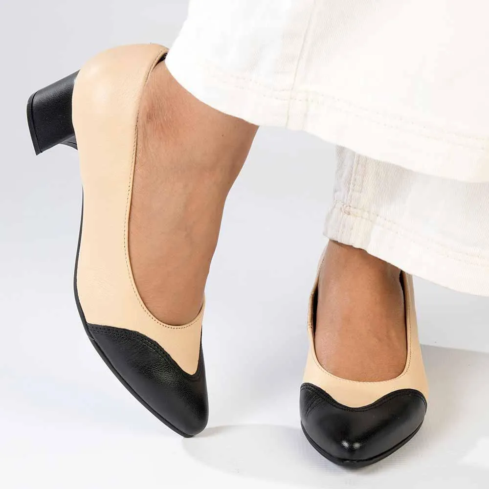 Froggie Spring Leather 2 Toned Block Court Heel - Cream / Black