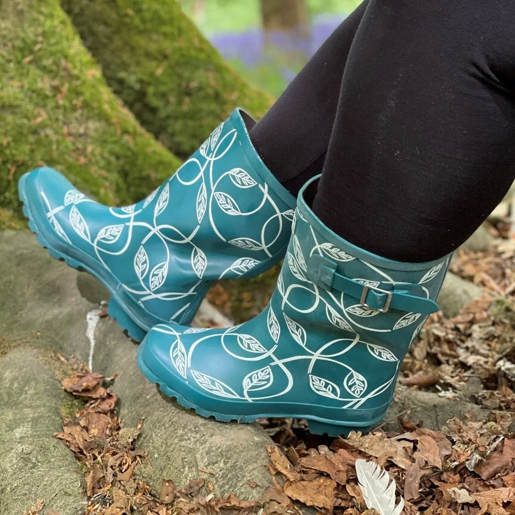 Half Height Teal Leaves Wellies - Wide Foot and Ankle