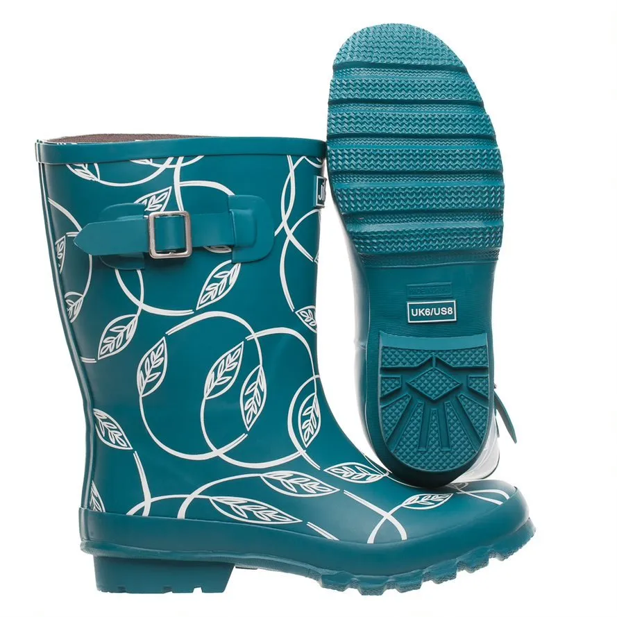 Half Height Teal Leaves Wellies - Wide Foot and Ankle