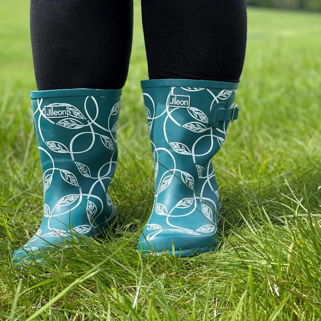 Half Height Teal Leaves Wellies - Wide Foot and Ankle