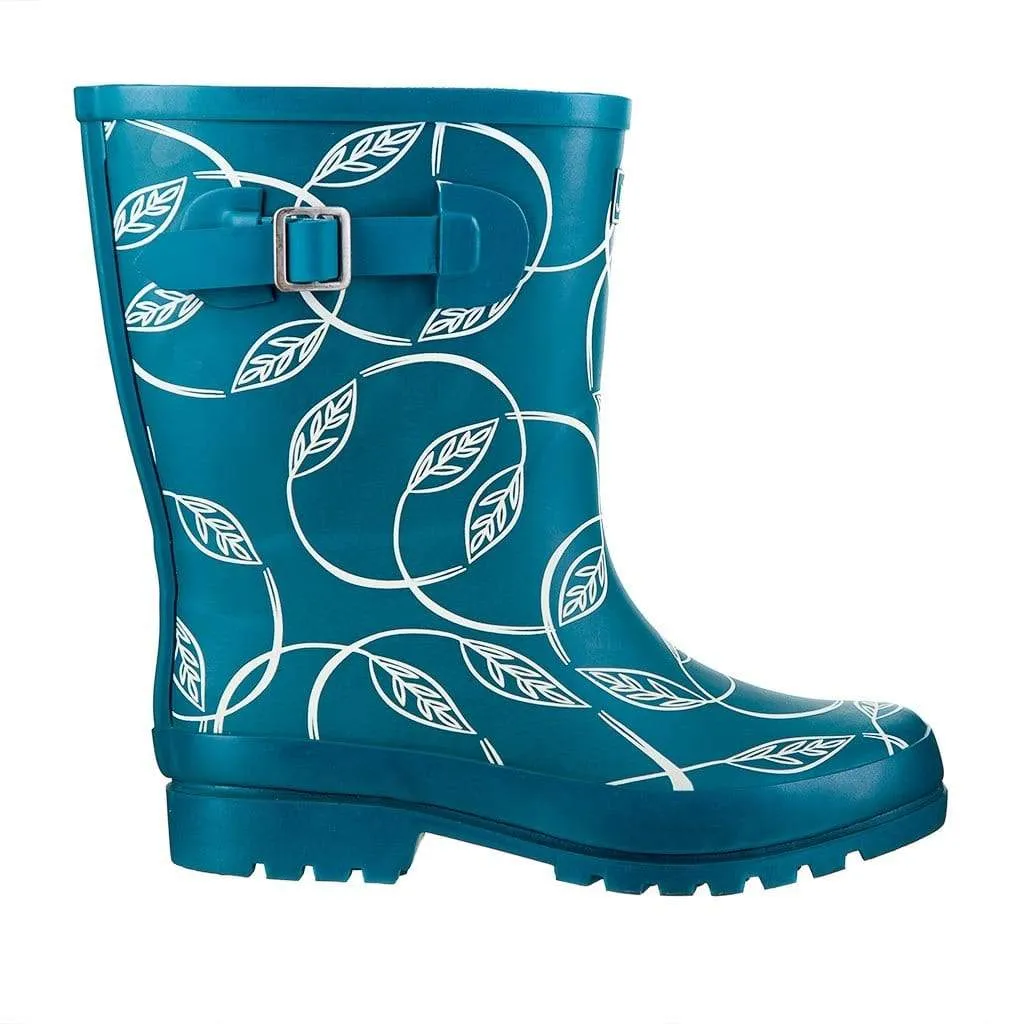 Half Height Teal Leaves Wellies - Wide Foot and Ankle