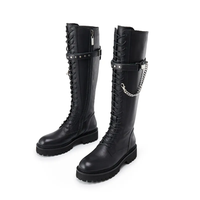 Ladies Chain Leather Combat Boot 5564