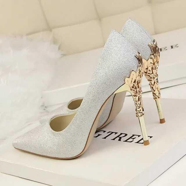 Metal Carved Thin Heel High Heels Pumps Shoes 2018 Sexy Pointed Toe Shoes Fashion Candy Colors Wedding Shoes