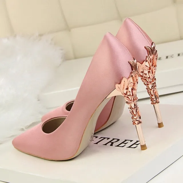 Metal Carved Thin Heel High Heels Pumps Shoes 2018 Sexy Pointed Toe Shoes Fashion Candy Colors Wedding Shoes