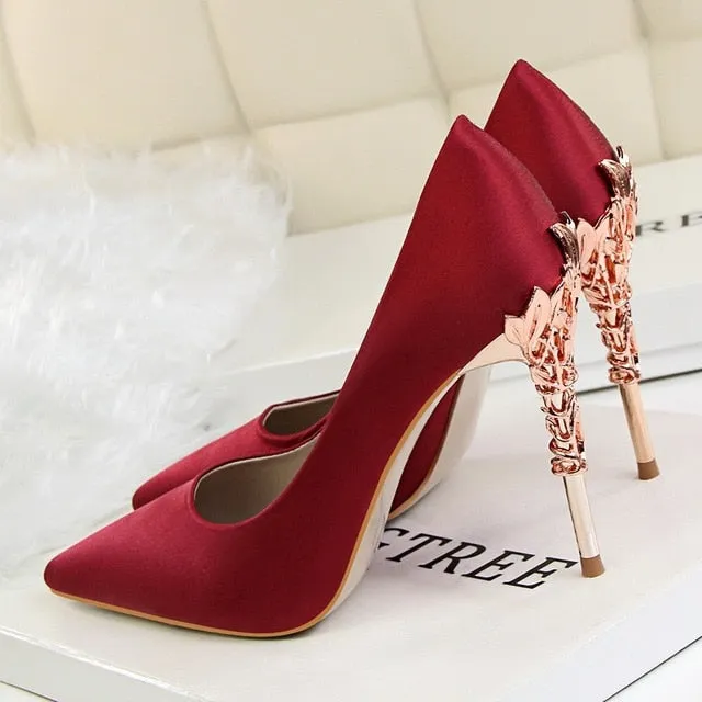 Metal Carved Thin Heel High Heels Pumps Shoes 2018 Sexy Pointed Toe Shoes Fashion Candy Colors Wedding Shoes