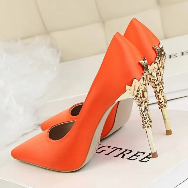 Metal Carved Thin Heel High Heels Pumps Shoes 2018 Sexy Pointed Toe Shoes Fashion Candy Colors Wedding Shoes