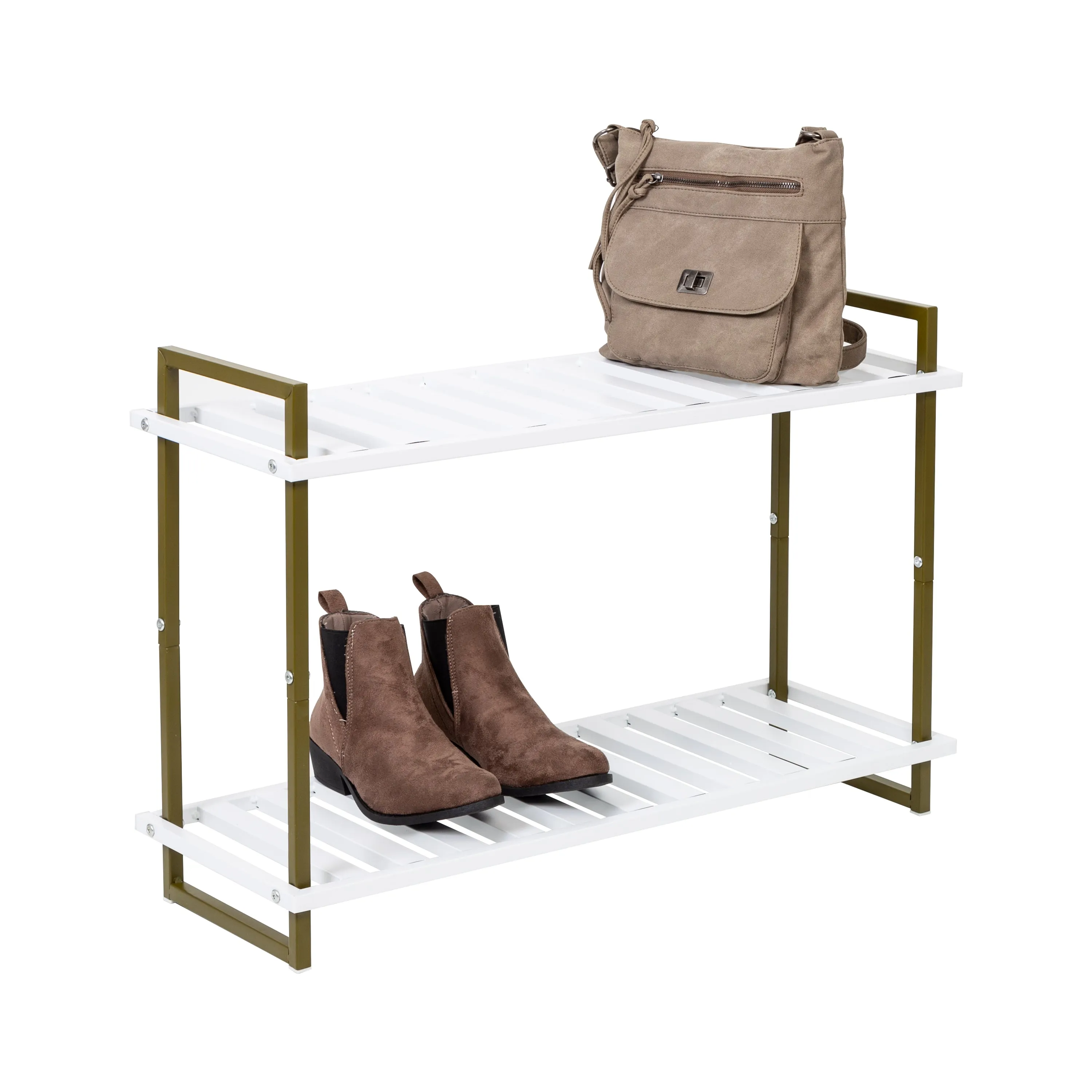 Olive/White 2-Tier Metal Shoe Rack