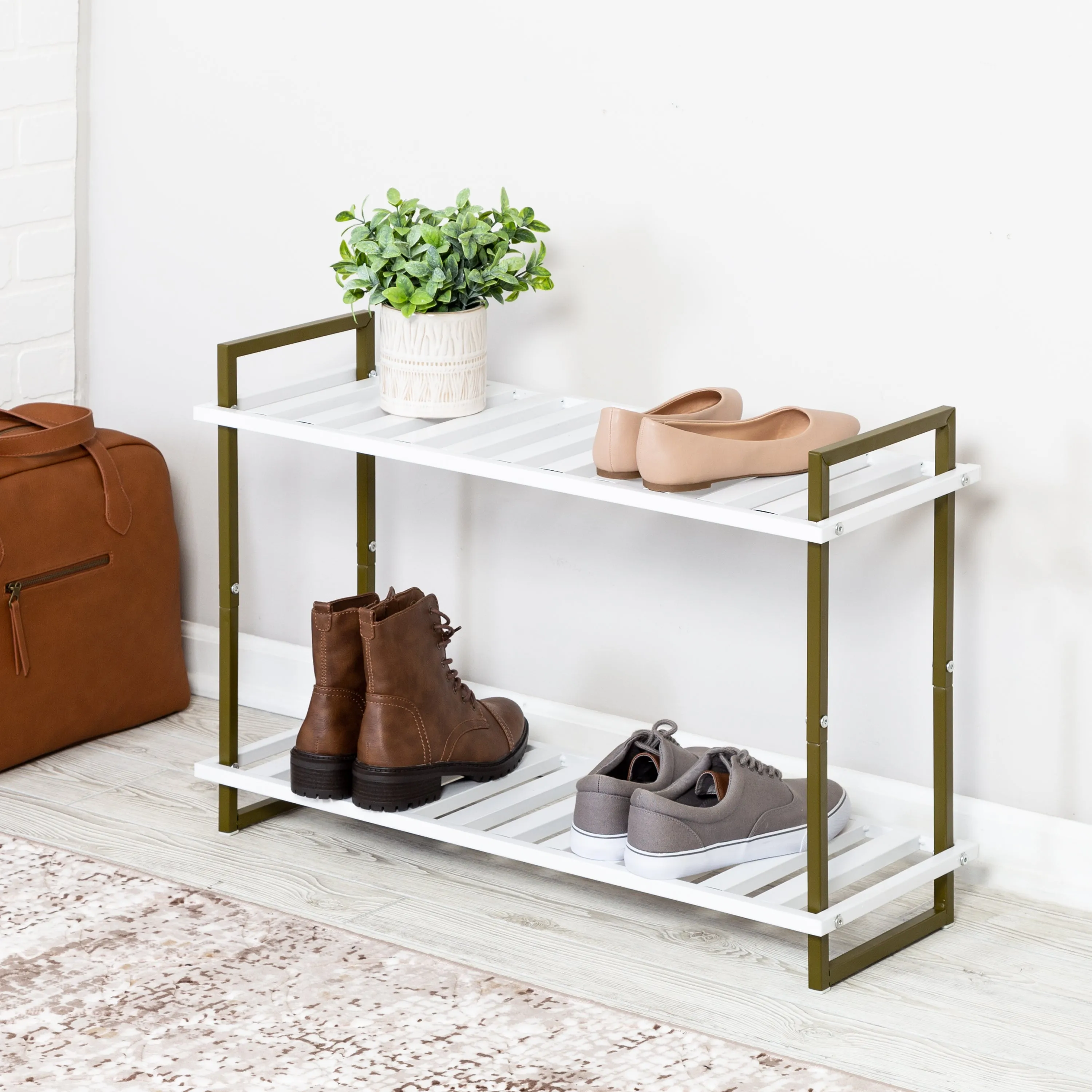 Olive/White 2-Tier Metal Shoe Rack