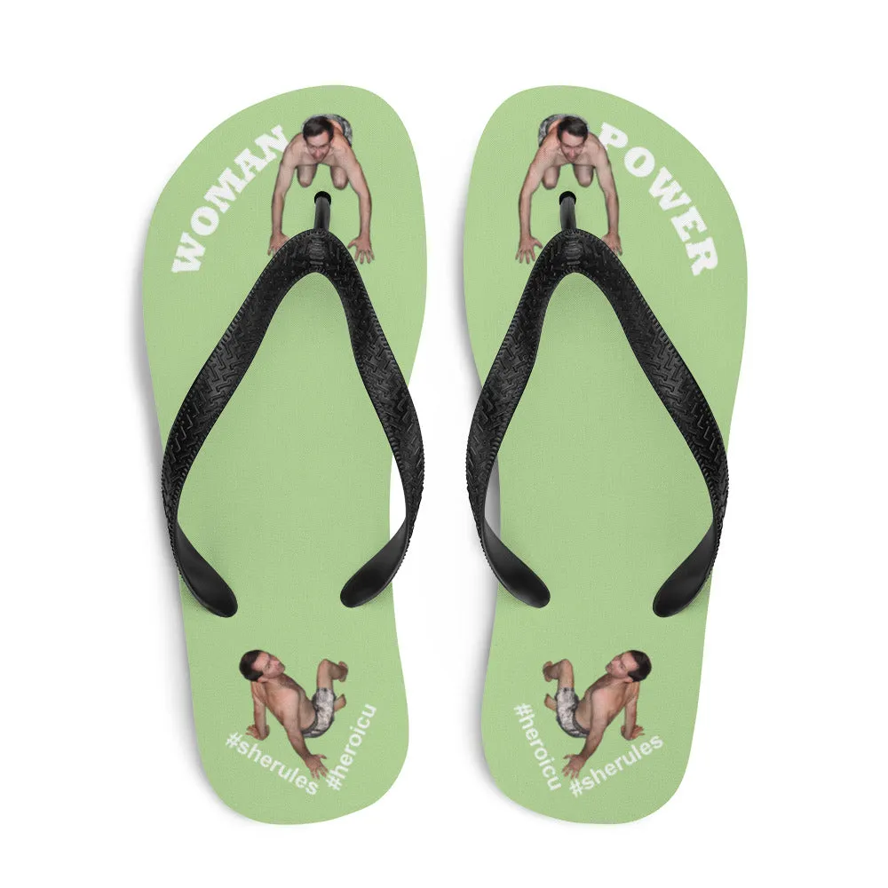 Woman Power Fabric Top Flip Flop Sandal Has Men Bow To Your Toes Pale Green Color with White Letters (NEW 2023-04)