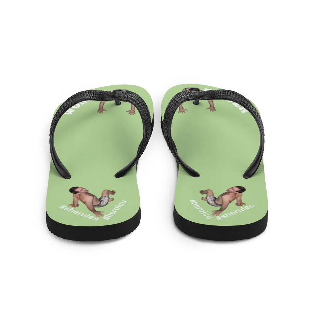 Woman Power Fabric Top Flip Flop Sandal Has Men Bow To Your Toes Pale Green Color with White Letters (NEW 2023-04)